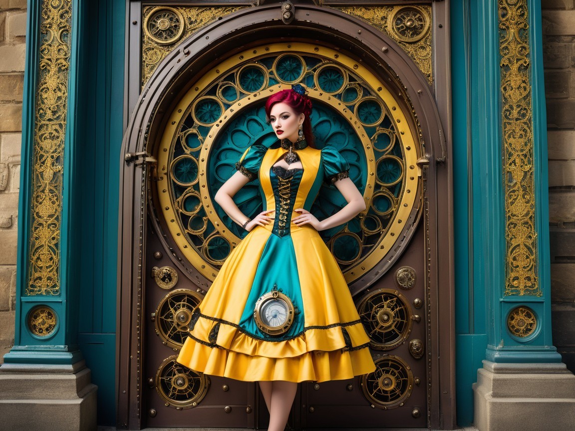 Model in Vibrant Teal and Yellow Dress with Steampunk Background