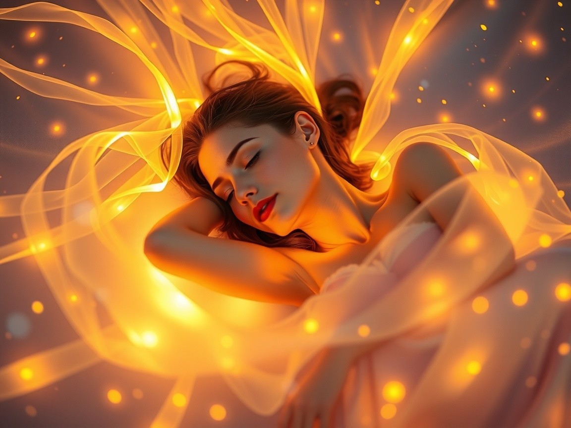 Serene Woman Surrounded by Ethereal Fabrics and Light