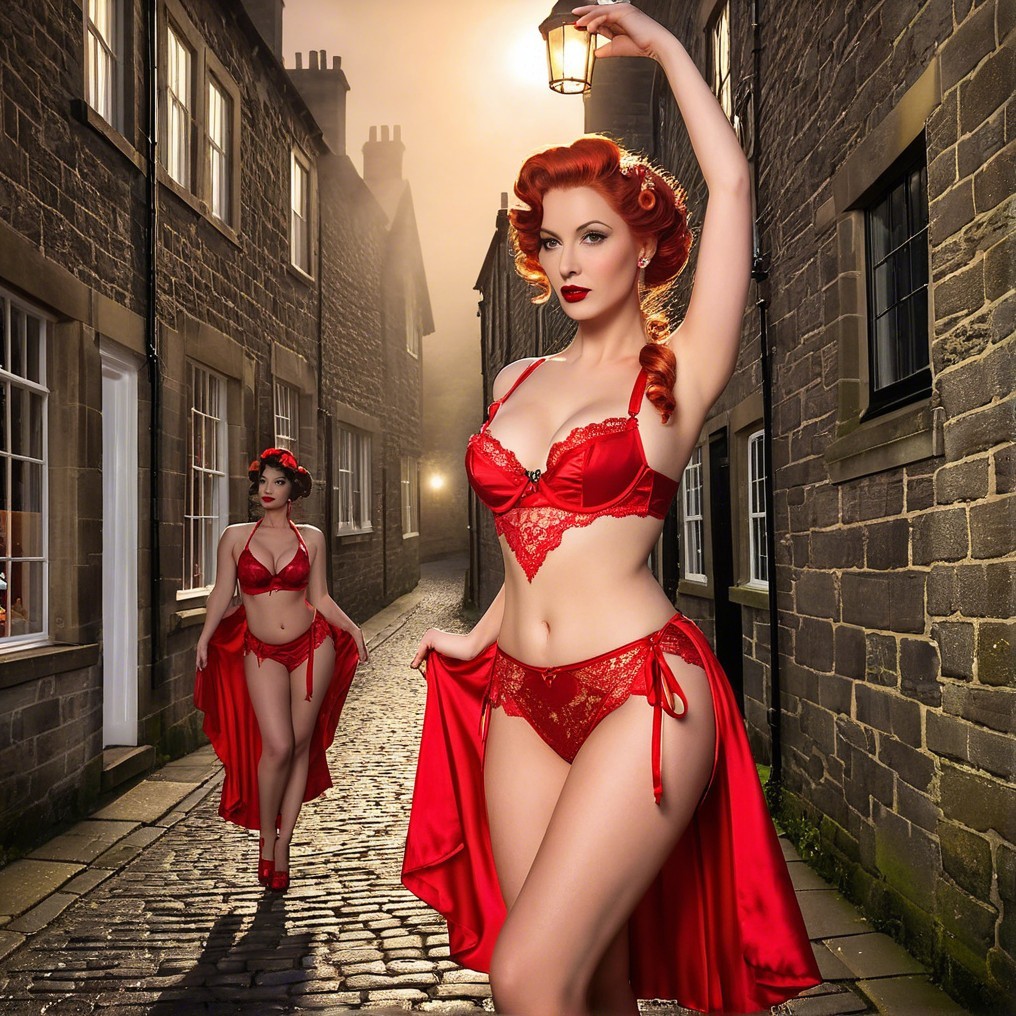 Glamorous Figures in Red Lingerie in Cobblestone Alley