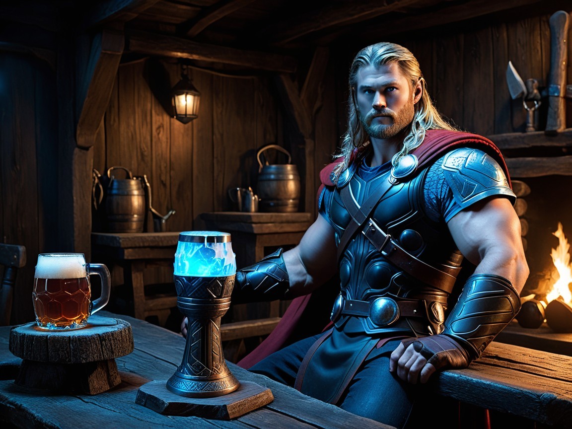 Muscular Warrior in Rustic Tavern with Glowing Stone