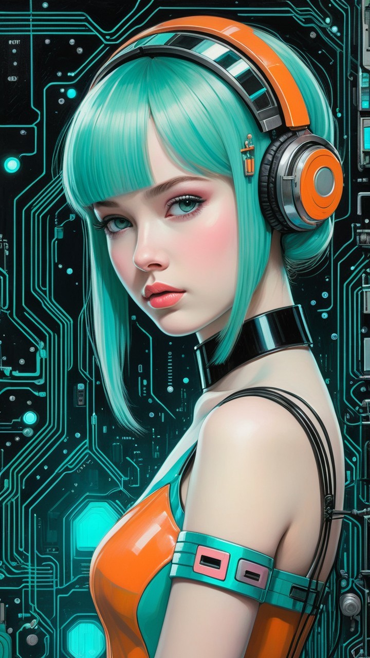 Futuristic Female Figure with Teal Hair and Headphones