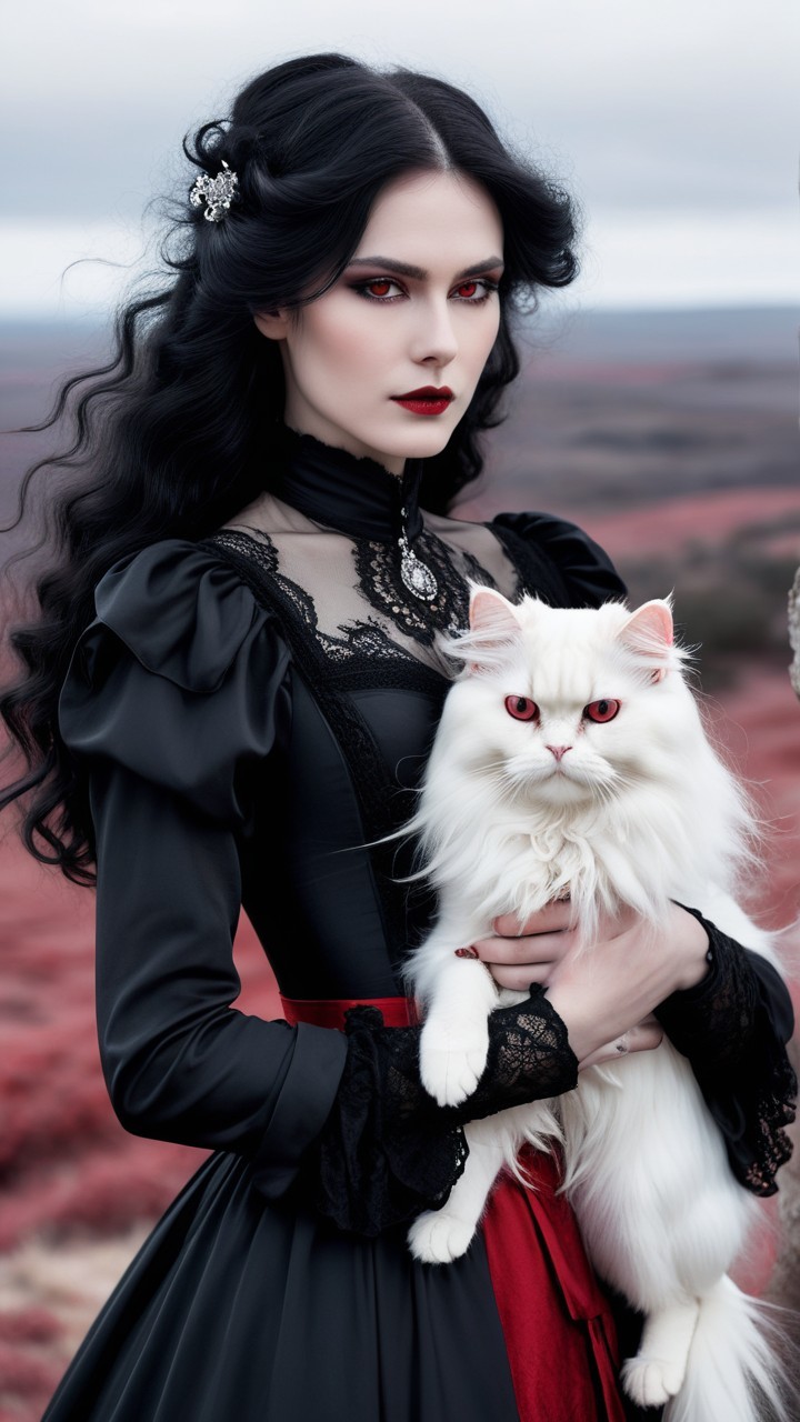 Elegant Figure in Black Gown with White Cat in Landscape