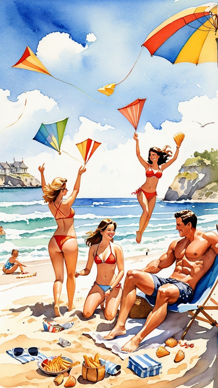 Vibrant Beach Scene with Women Flying Kites and Sunbathing