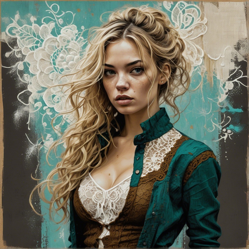Young woman in vintage teal outfit with floral background