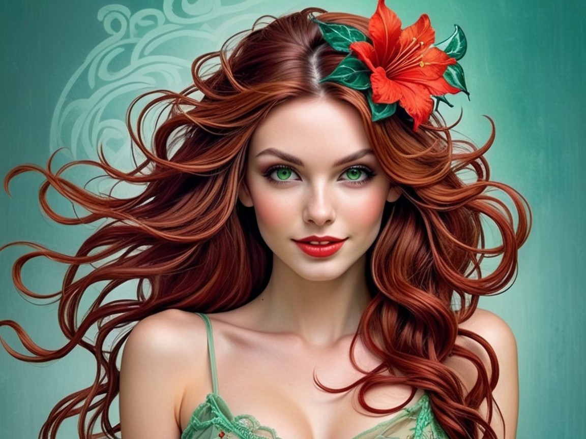 Redheaded Woman with Green Eyes and Floral Accent