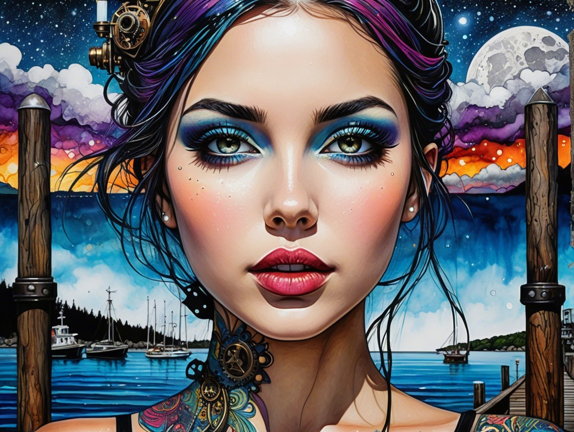 Young woman with blue and purple hair at sunset
