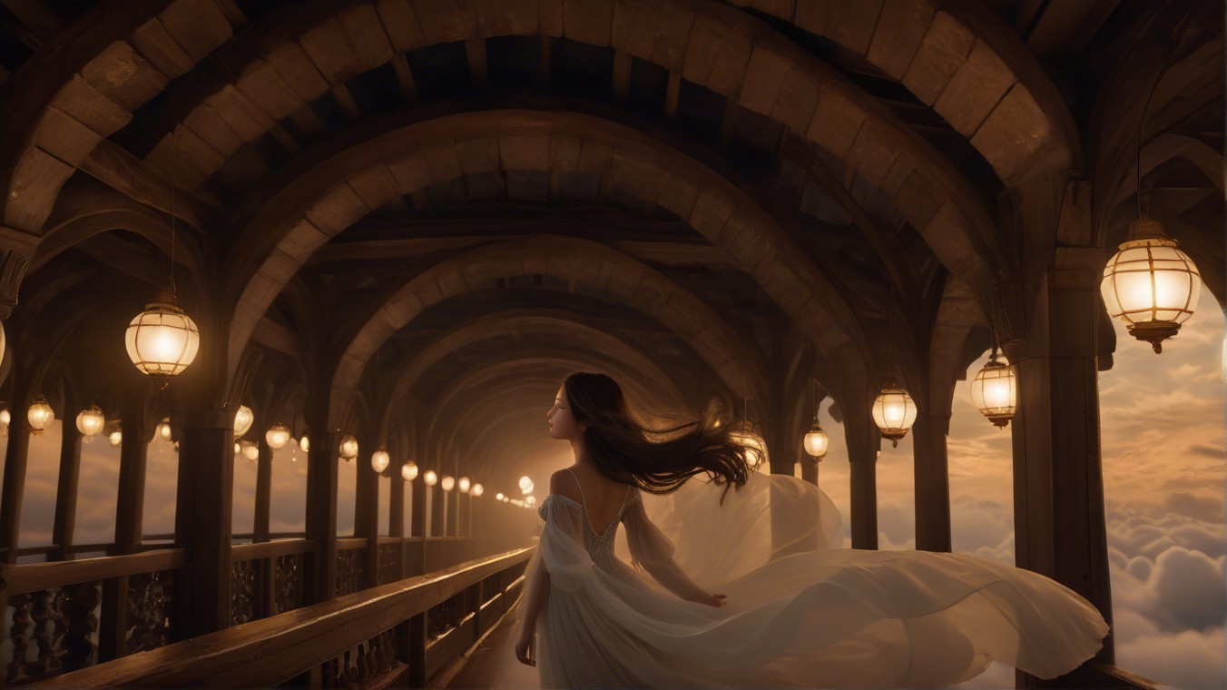 Serene figure in white dress in ornate corridor