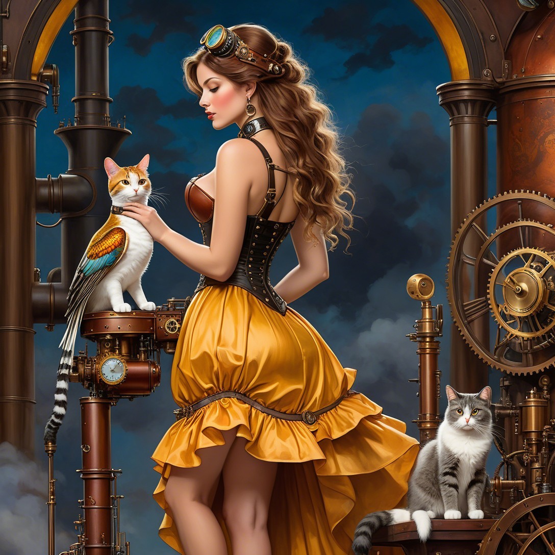 Steampunk woman with cats on brass machinery backdrop