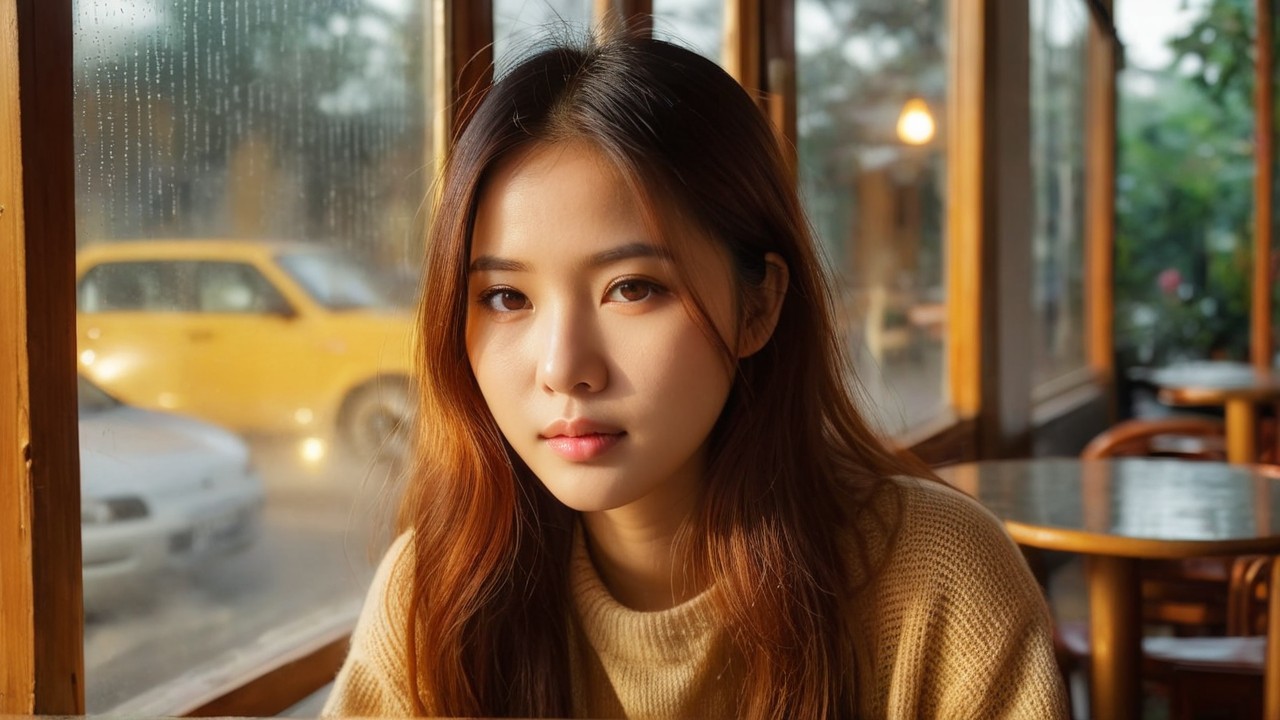Young woman at table by rain-speckled window