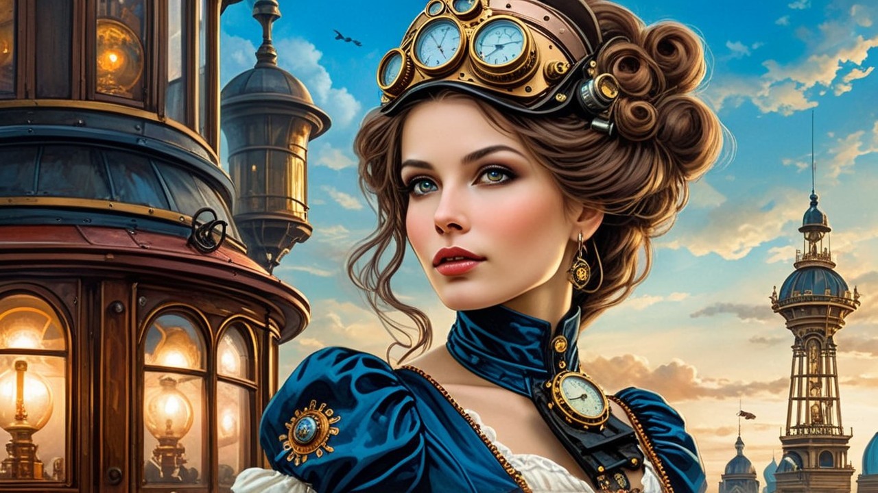 Young woman in steampunk attire near a large building