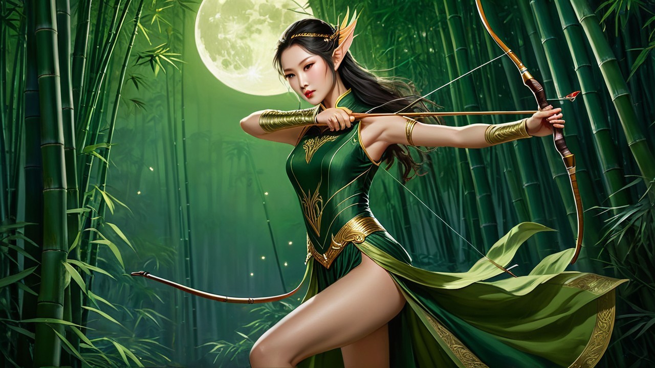 Elven Warrior in Moonlit Bamboo Forest with Bow