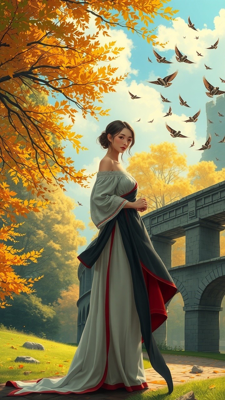 Young Woman in Dress Amid Autumn Landscape and Aqueduct
