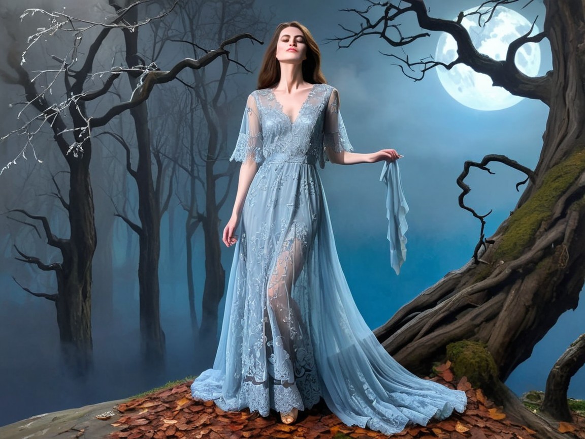 Young woman in blue dress on rocky ledge with moon