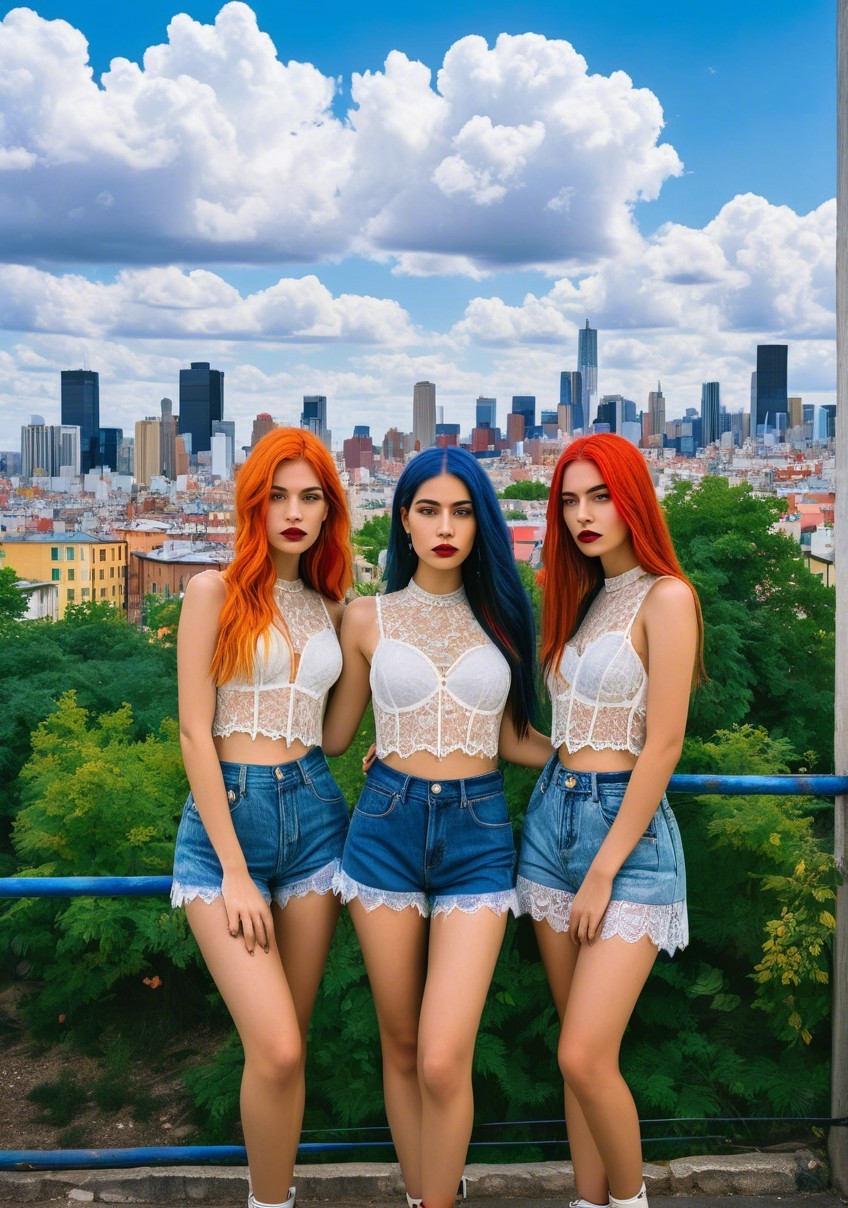 Stylish Women with Colorful Hair Against City Skyline