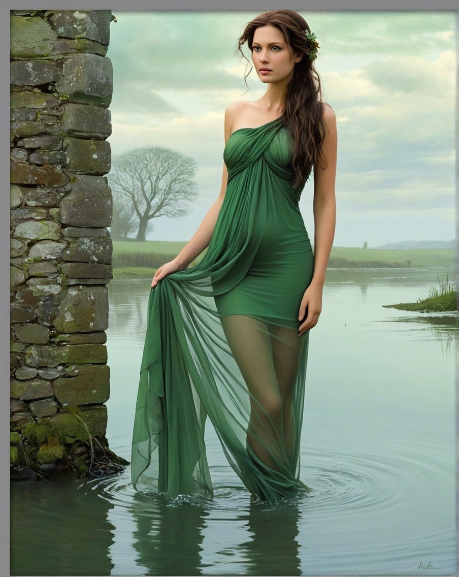 Young Woman in Green Dress by Serene Water Scene