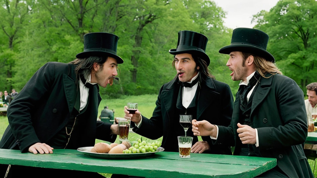 Three Men in Suits at Picnic Table with Food
