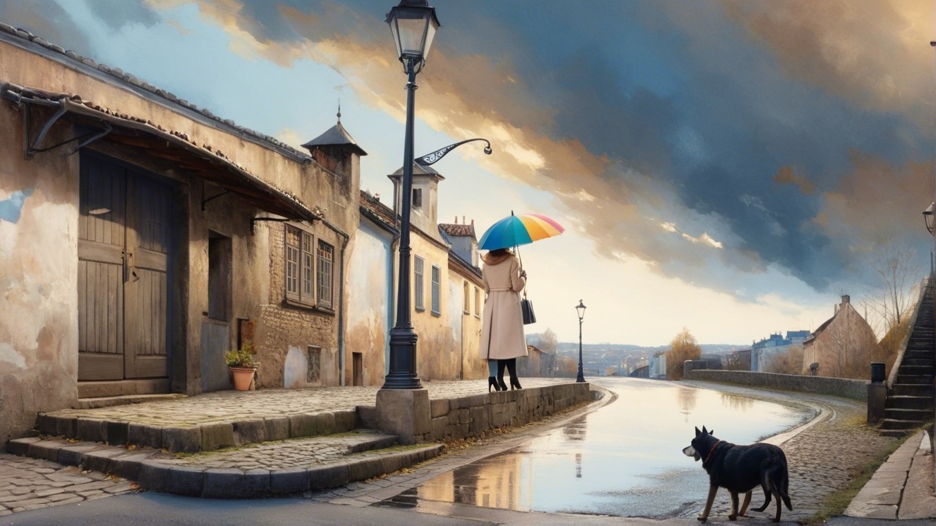 Woman with Dog on Cobblestone Street Under Umbrella