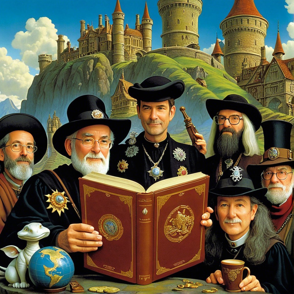 Group of Seven Wizards in Colorful Robes at Castle