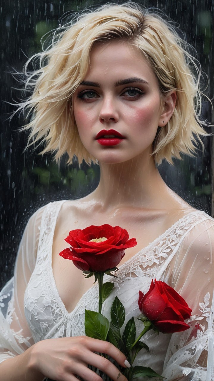 Portrait of a Woman with Roses in Soft Rain
