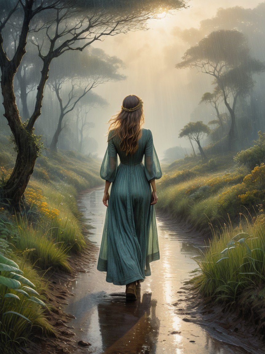 Woman in Green Dress on Winding Path Among Trees