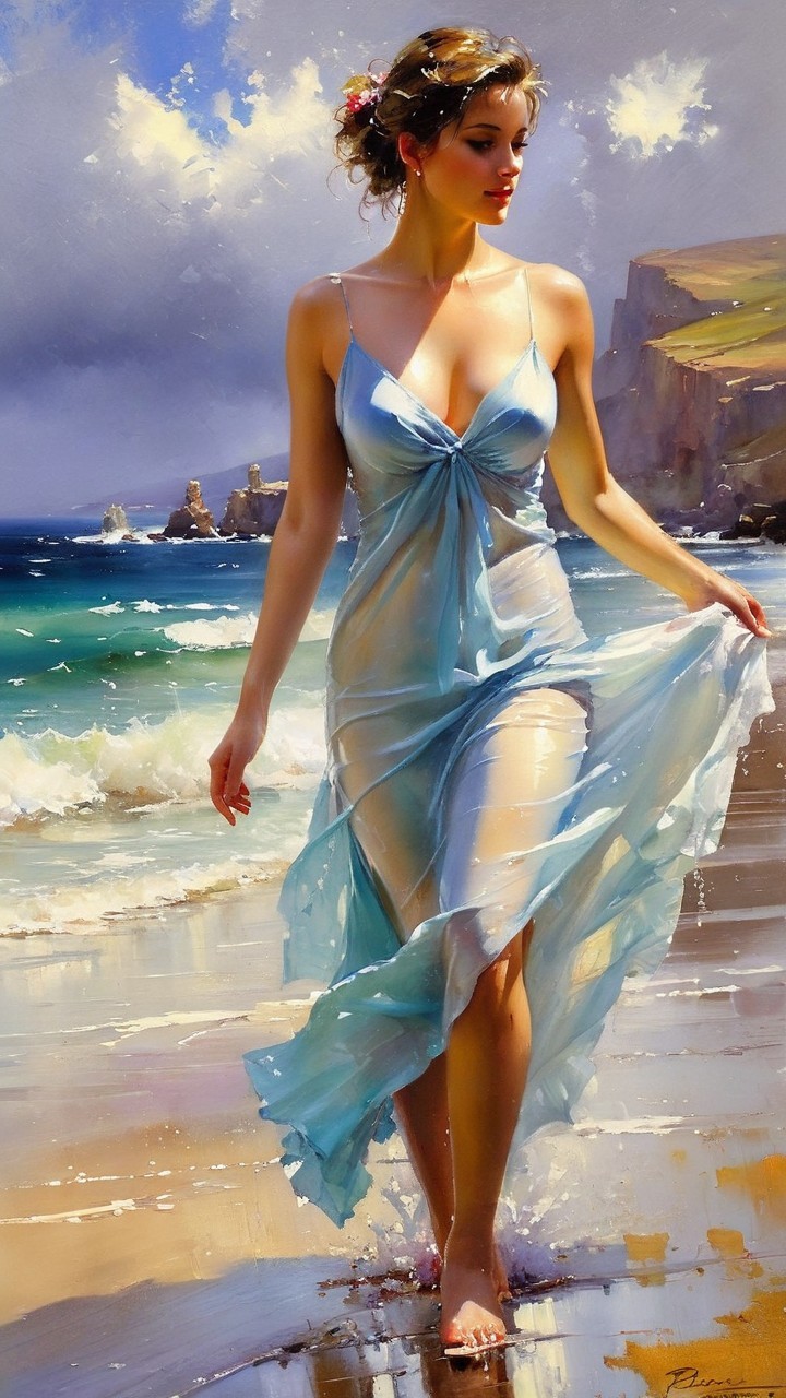 Woman in Blue Dress on Serene Sunlit Beach