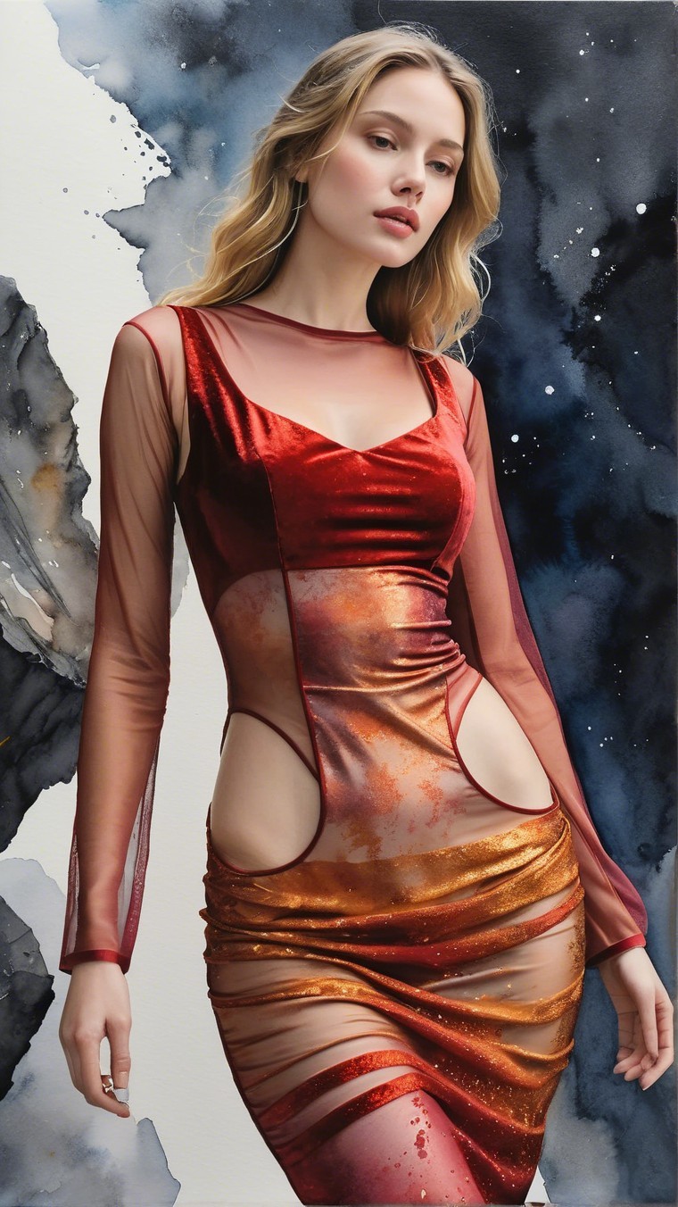 Model in Red and Gold Dress with Abstract Background