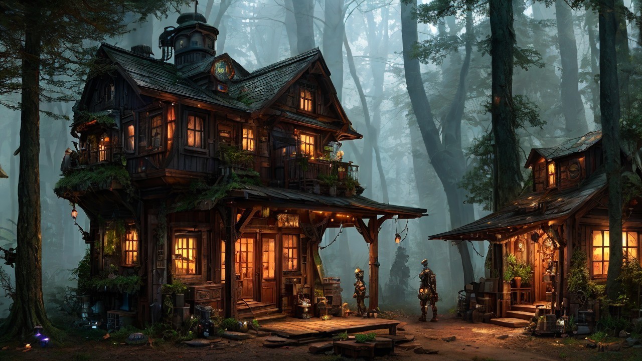 Whimsical Two-Story Wooden House in Foggy Forest