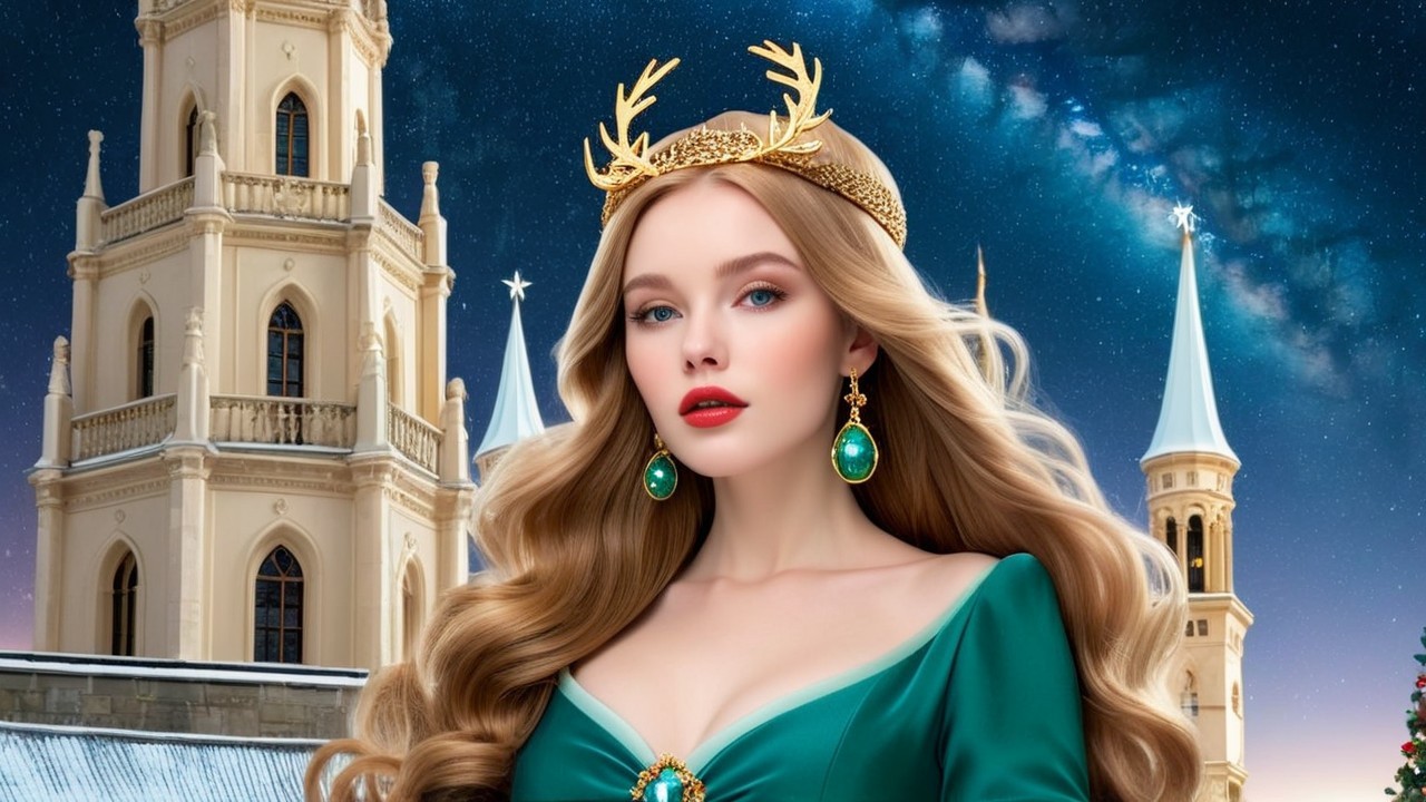 Glamorous Woman in Emerald Gown Against Winter Castle