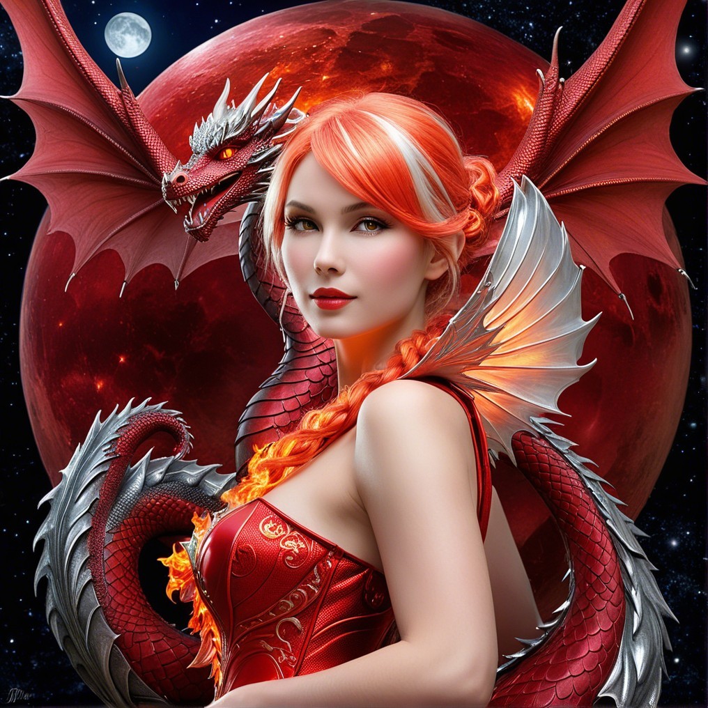 Fantasy Scene of Woman with Dragon and Blood-Red Moon