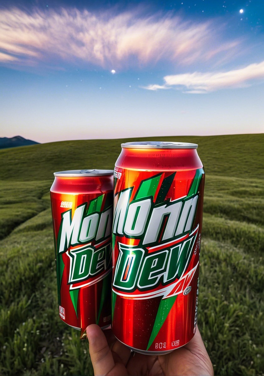 Mountain Dew Cans Against Scenic Dusk Landscape