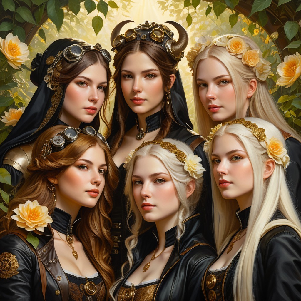 Ethereal Women in Steampunk Fantasy Attire Amidst Nature