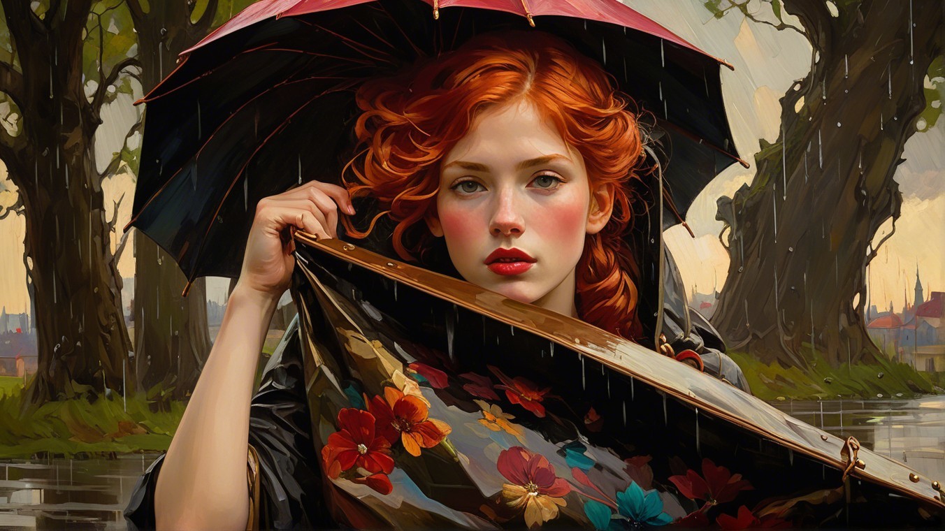 Young woman with red hair under black umbrella in rain
