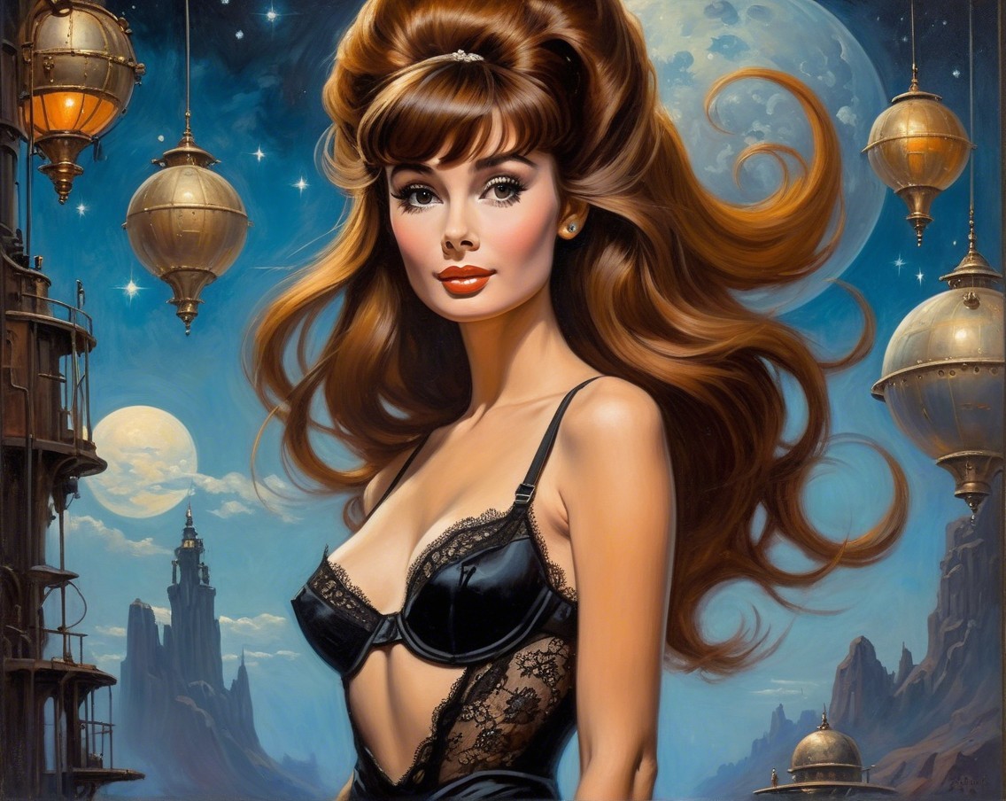 Glamorous Woman in Lingerie Against Cosmic Background