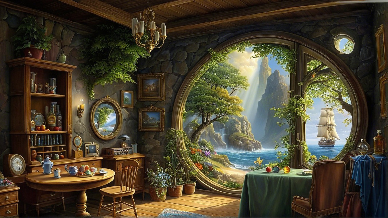 Cozy Room with Rustic Decor and Serene Seascape View