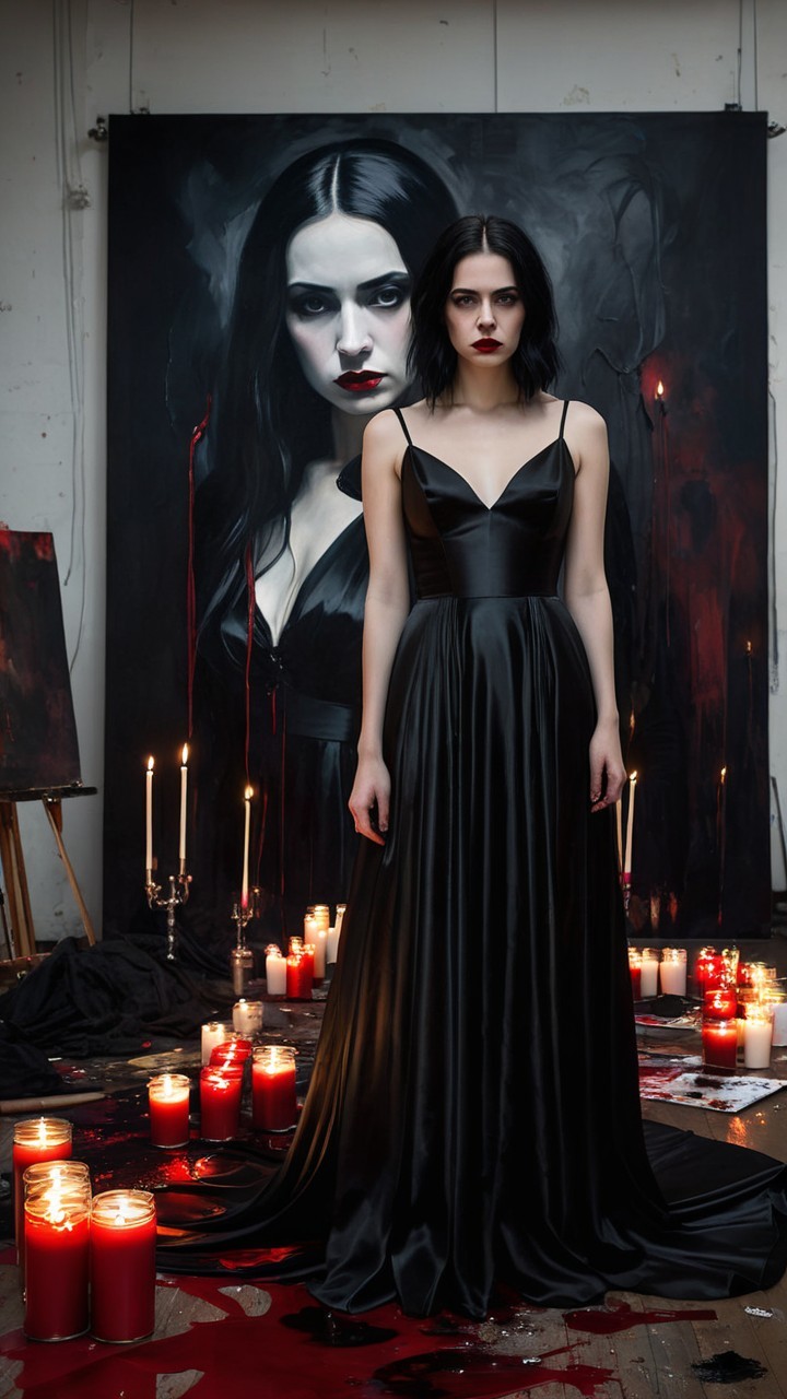 Woman in Black Gown with Dramatic Self-Portrait