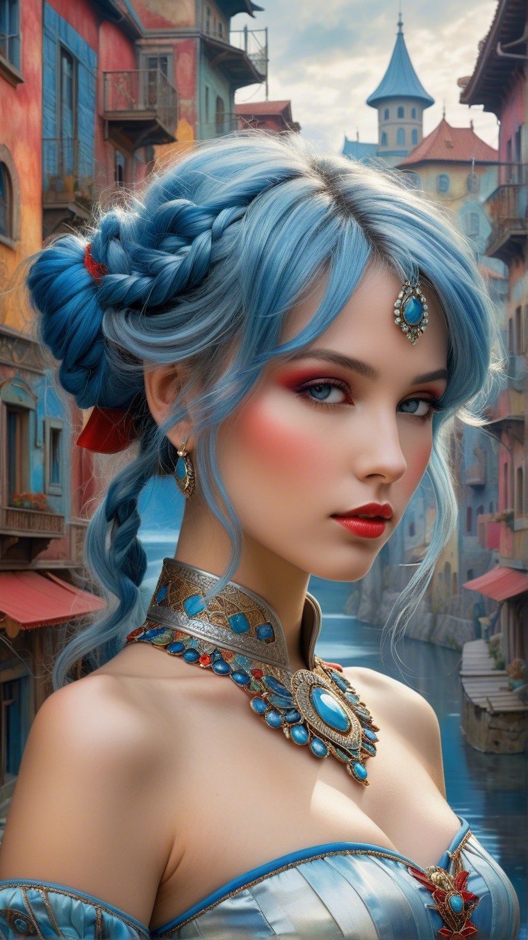 Elegant Woman with Blue Hair in Colorful Setting