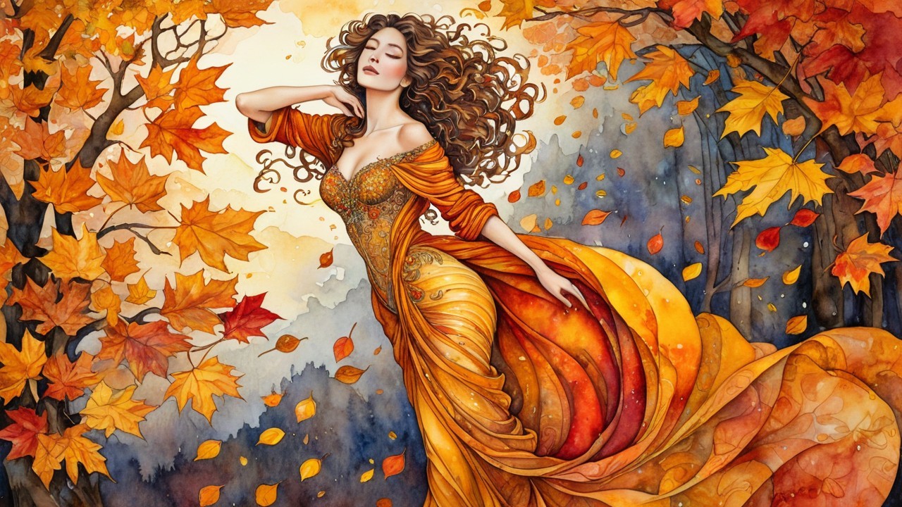 Woman in Orange and Gold Gown Among Autumn Leaves