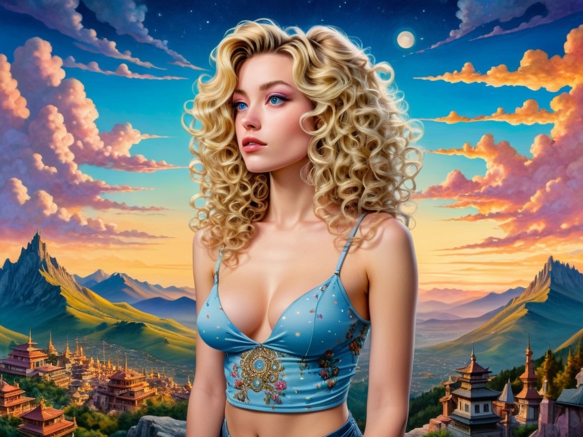 Young Woman with Curly Hair in Colorful Landscape