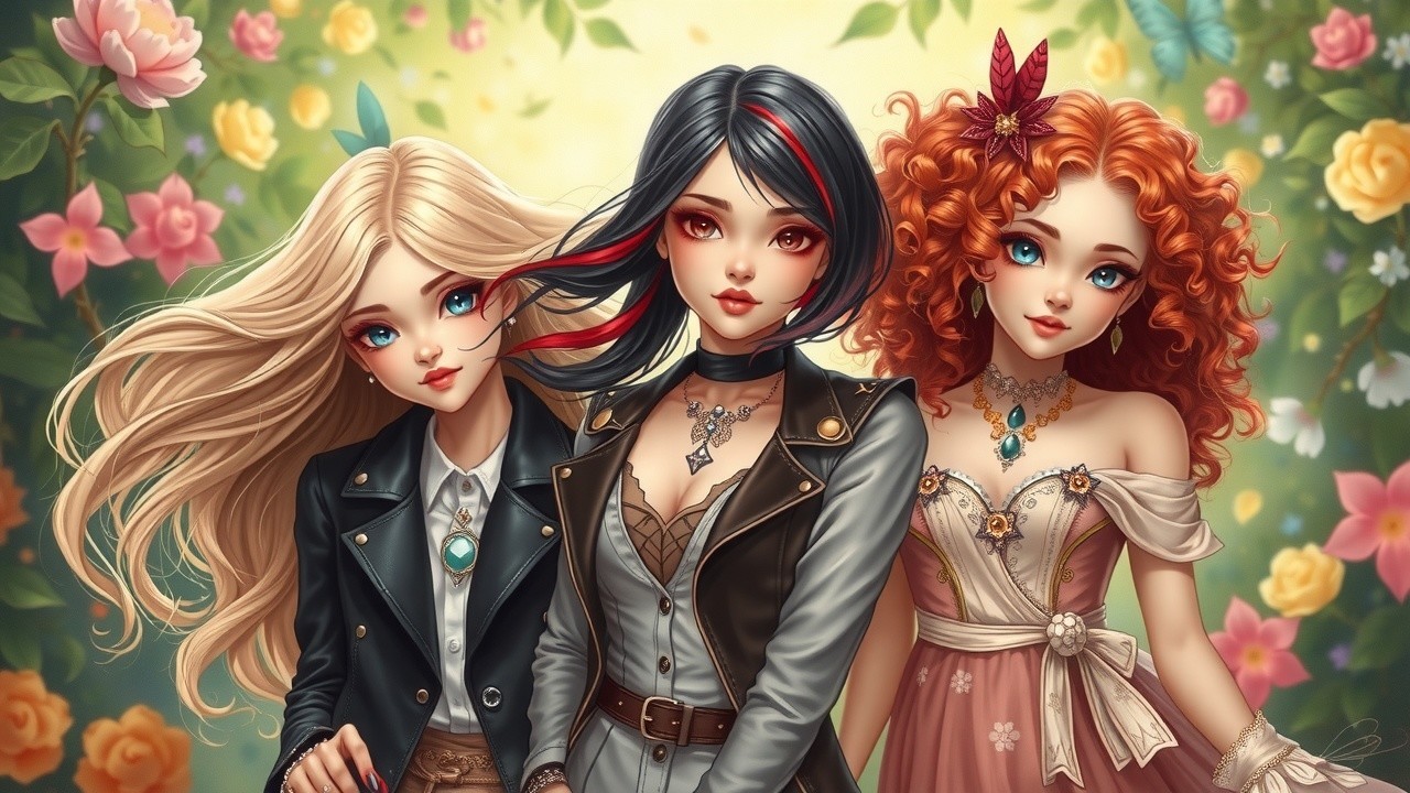 Three Women in Floral Background with Unique Styles
