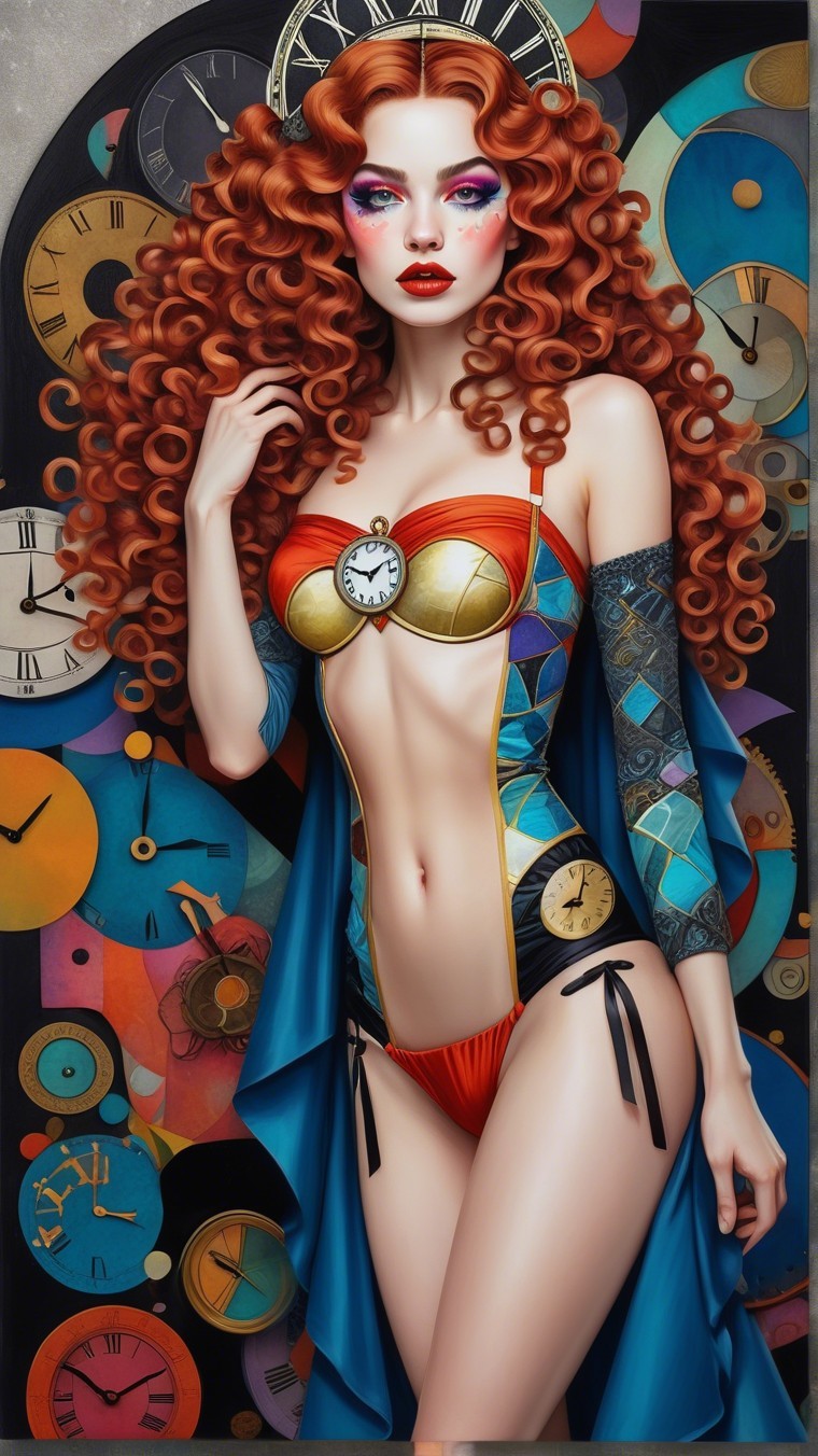 Vibrant Figure with Red Hair and Colorful Clocks