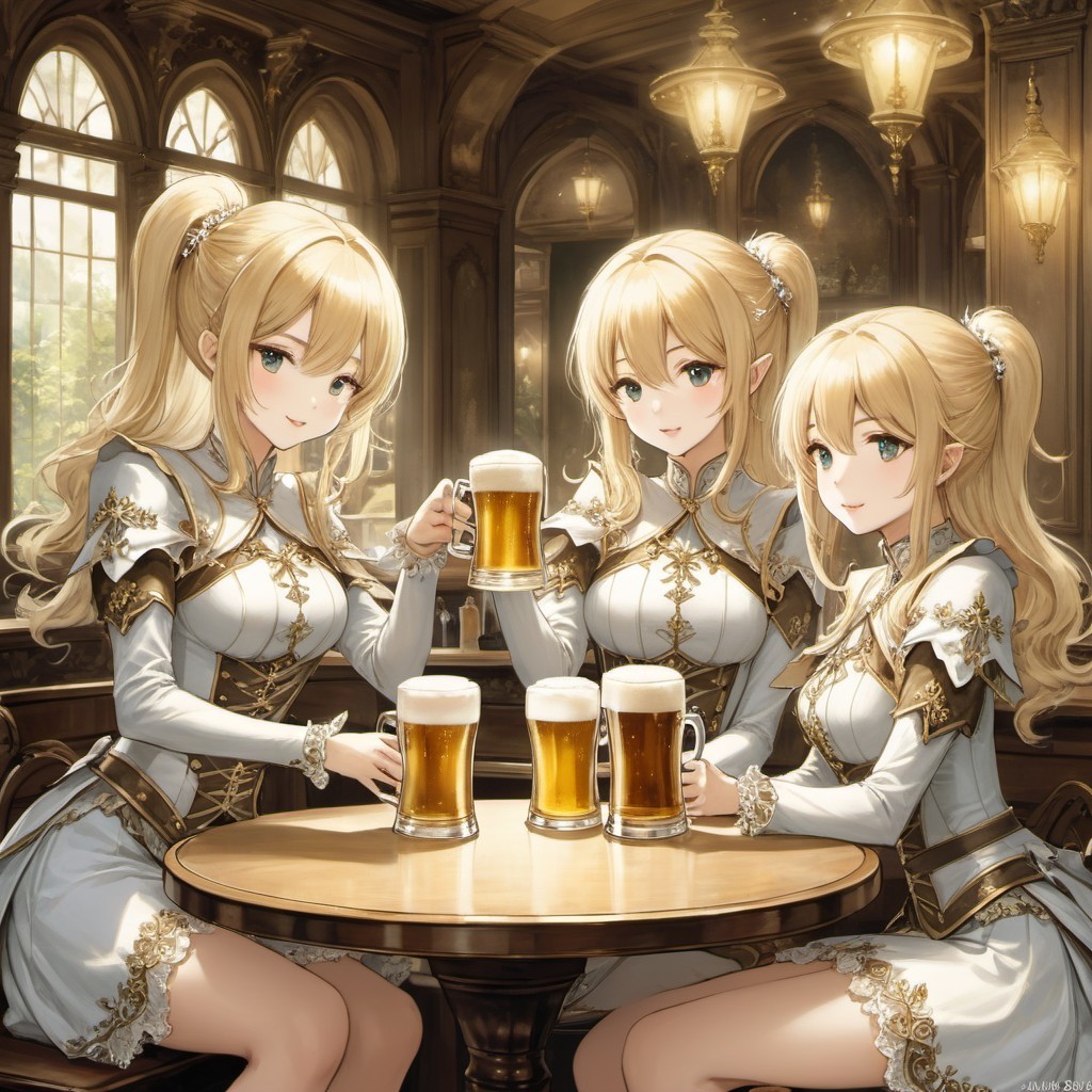 Elegant Tavern Scene with Elf-like Characters Enjoying Beer