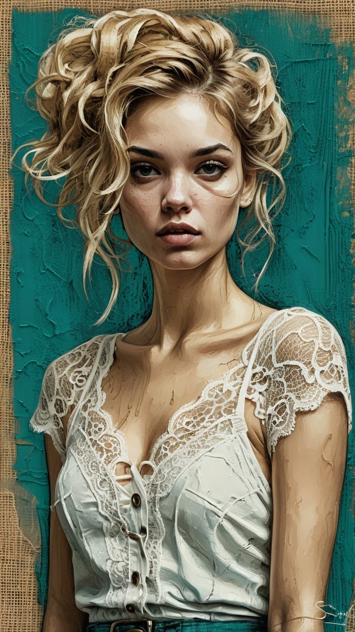 Young woman in white blouse against turquoise background