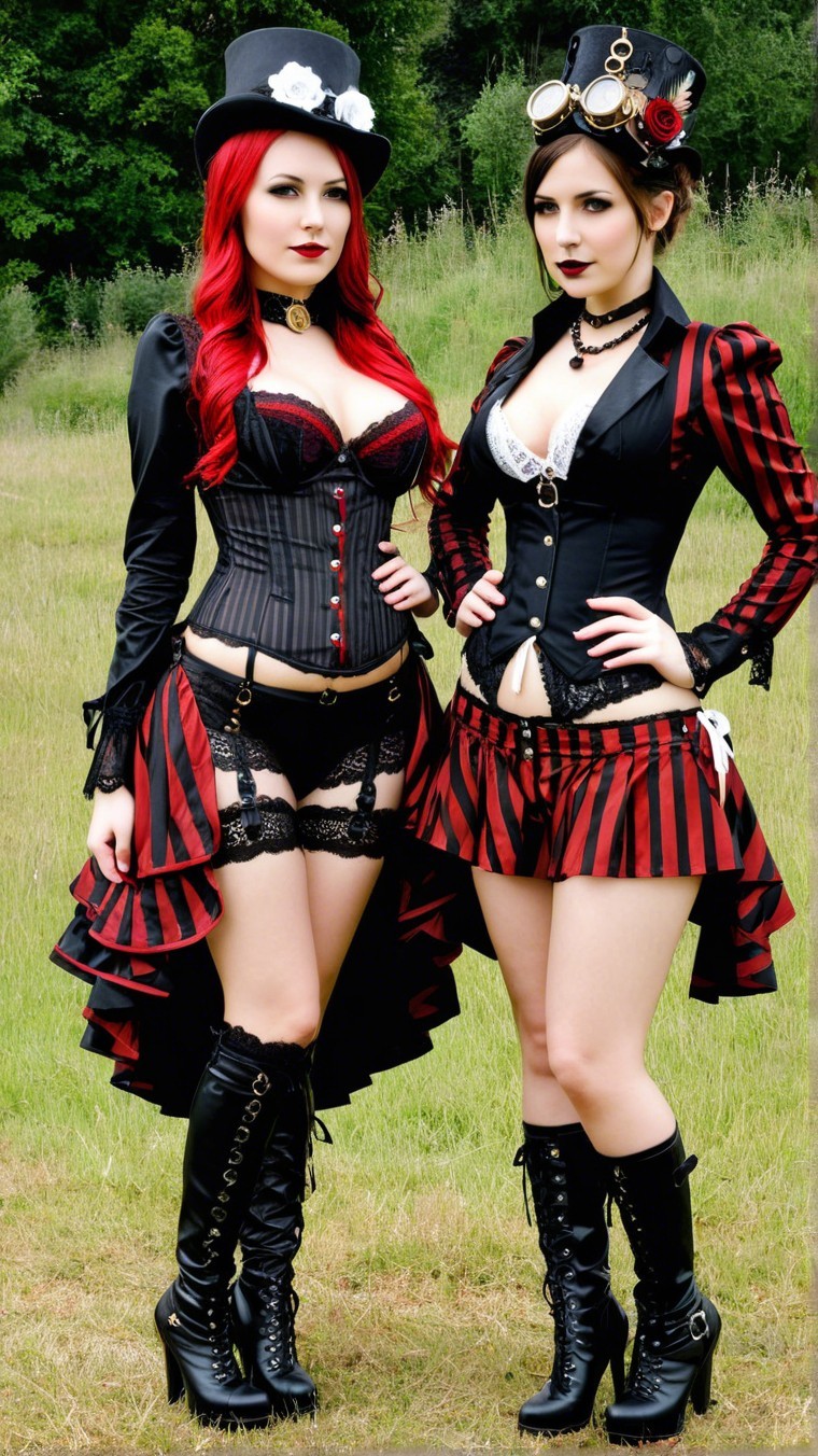 Steampunk Fashion in a Lush Green Field Setting