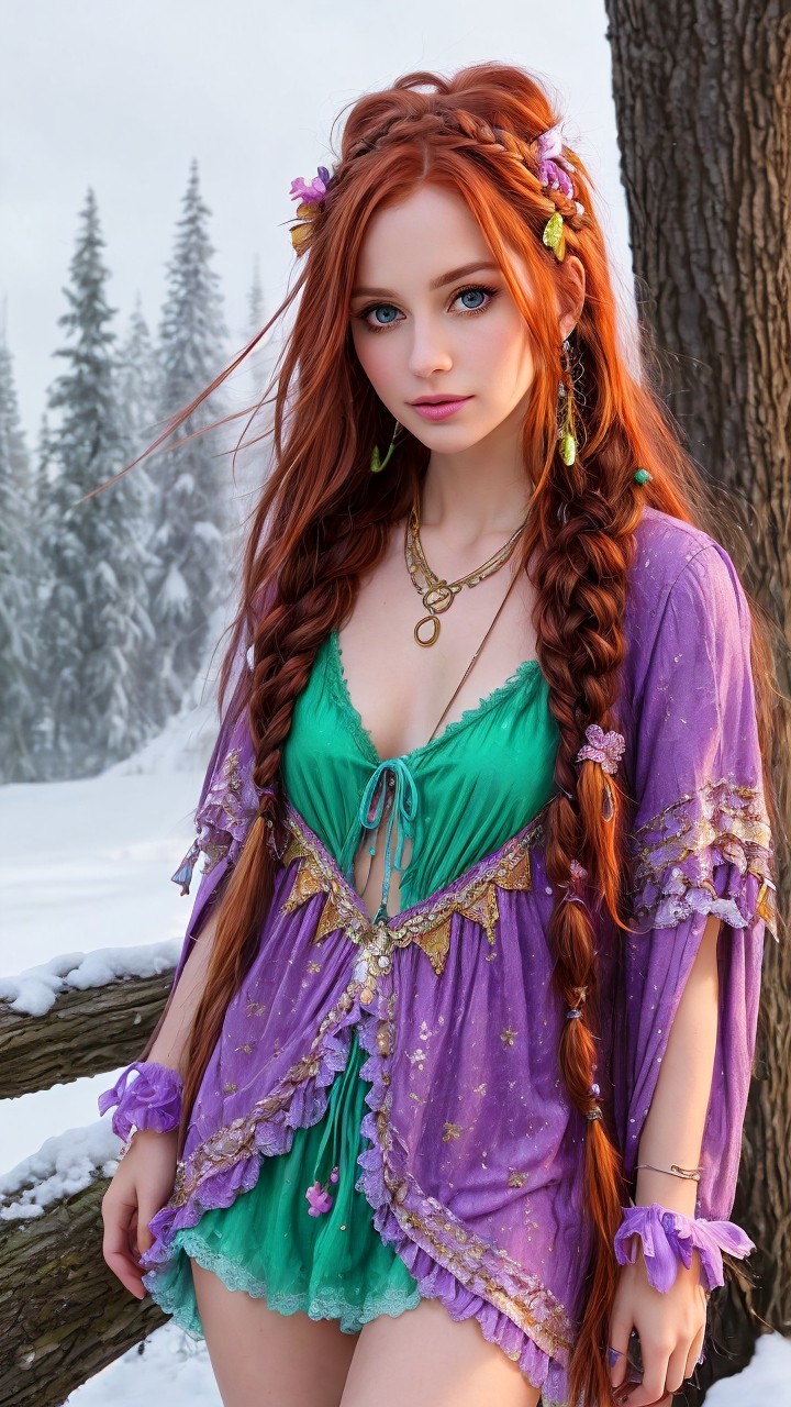 Young woman in vibrant outfit in snowy landscape