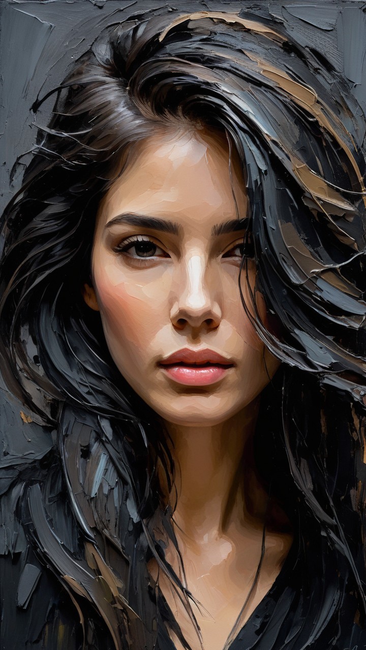 Close-up of a young woman with dark hair and emotion