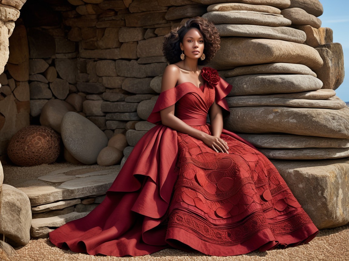 Woman in crimson gown near stone structure