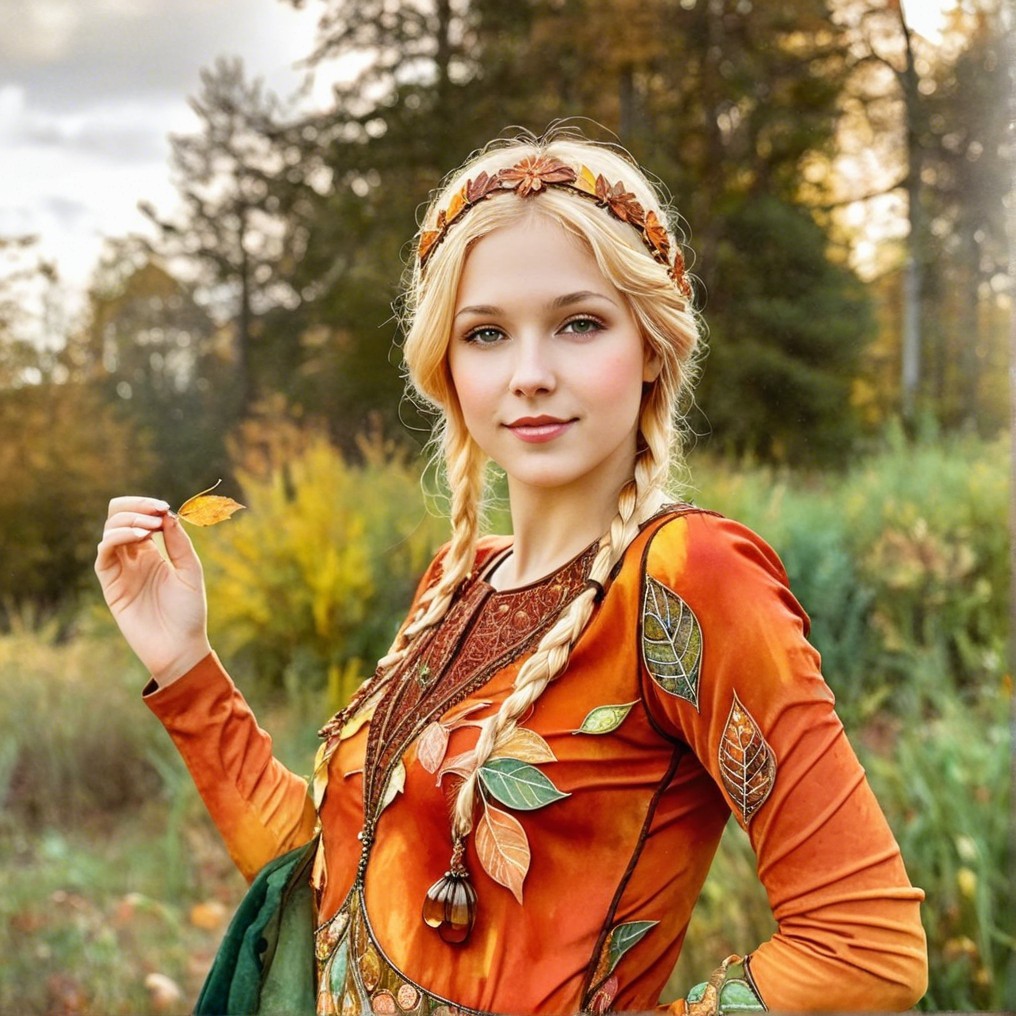 Young woman in autumn setting with leaf-patterned dress