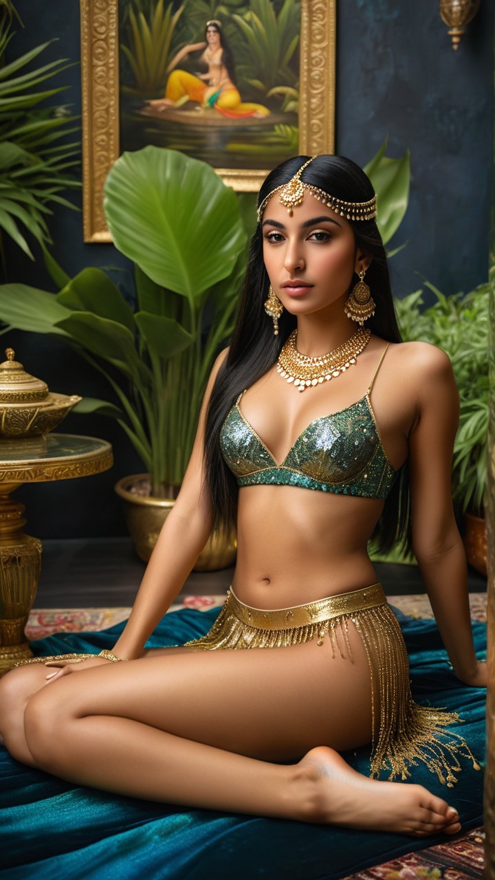 Elegant Woman in Emerald Bra and Golden Skirt