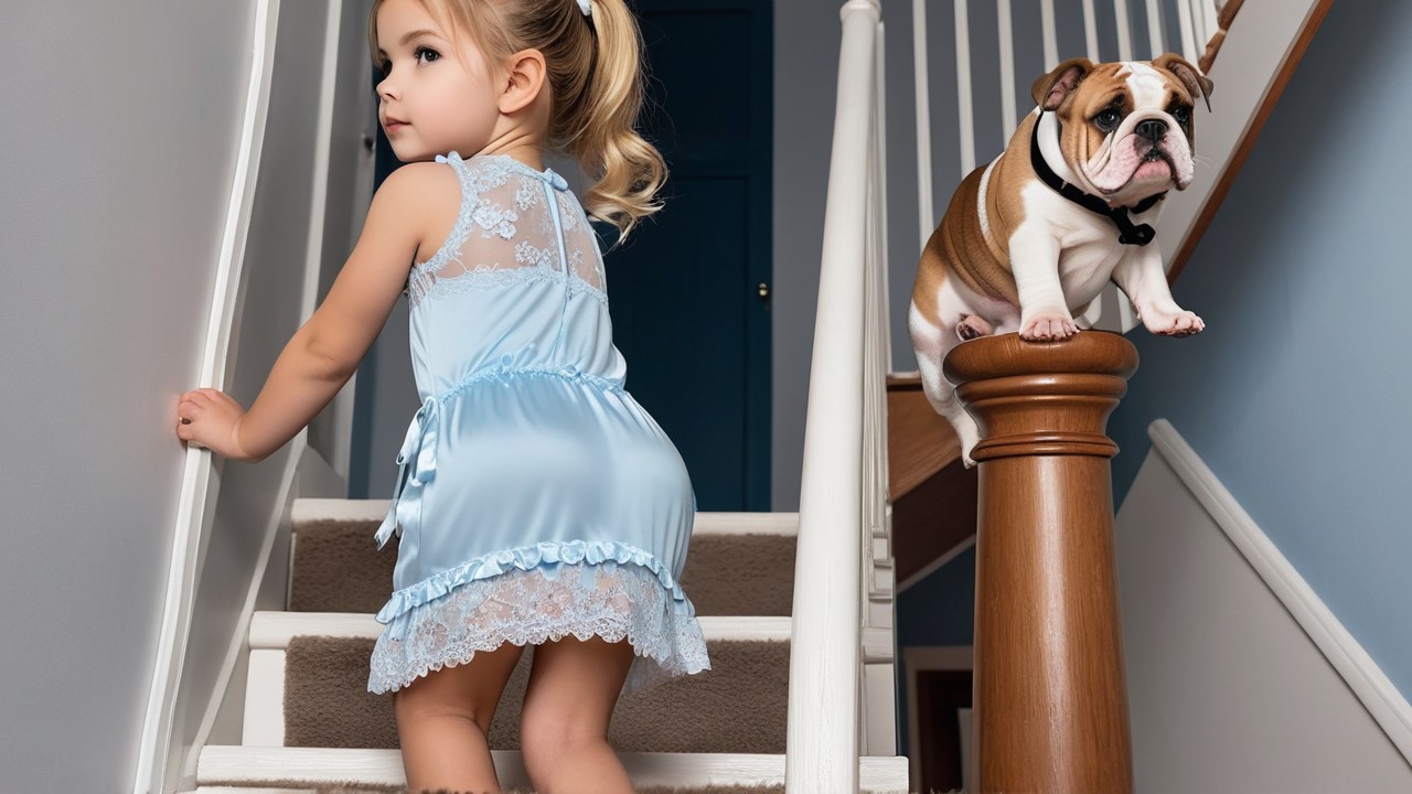 Child in Blue Dress Climbing Stairs with Bulldog