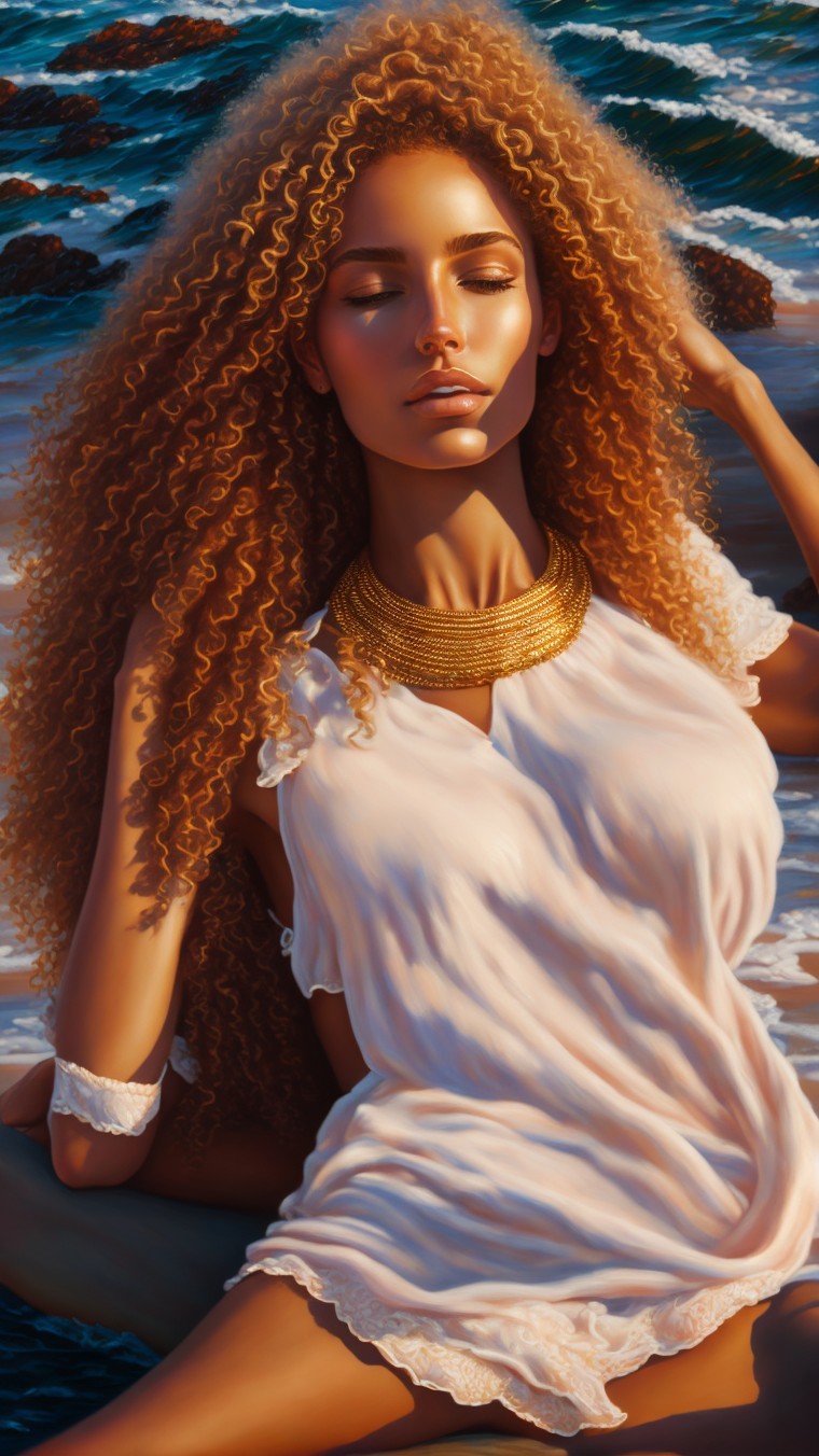 Serene Woman in Sunlight by the Beach with Waves